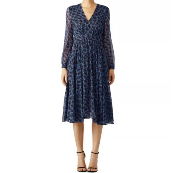 NWT $1995 Derek Lam Womens 6 Silk Midi Dress  Sheer Long Sleeve V-Neck Blue - Picture 1 of 9